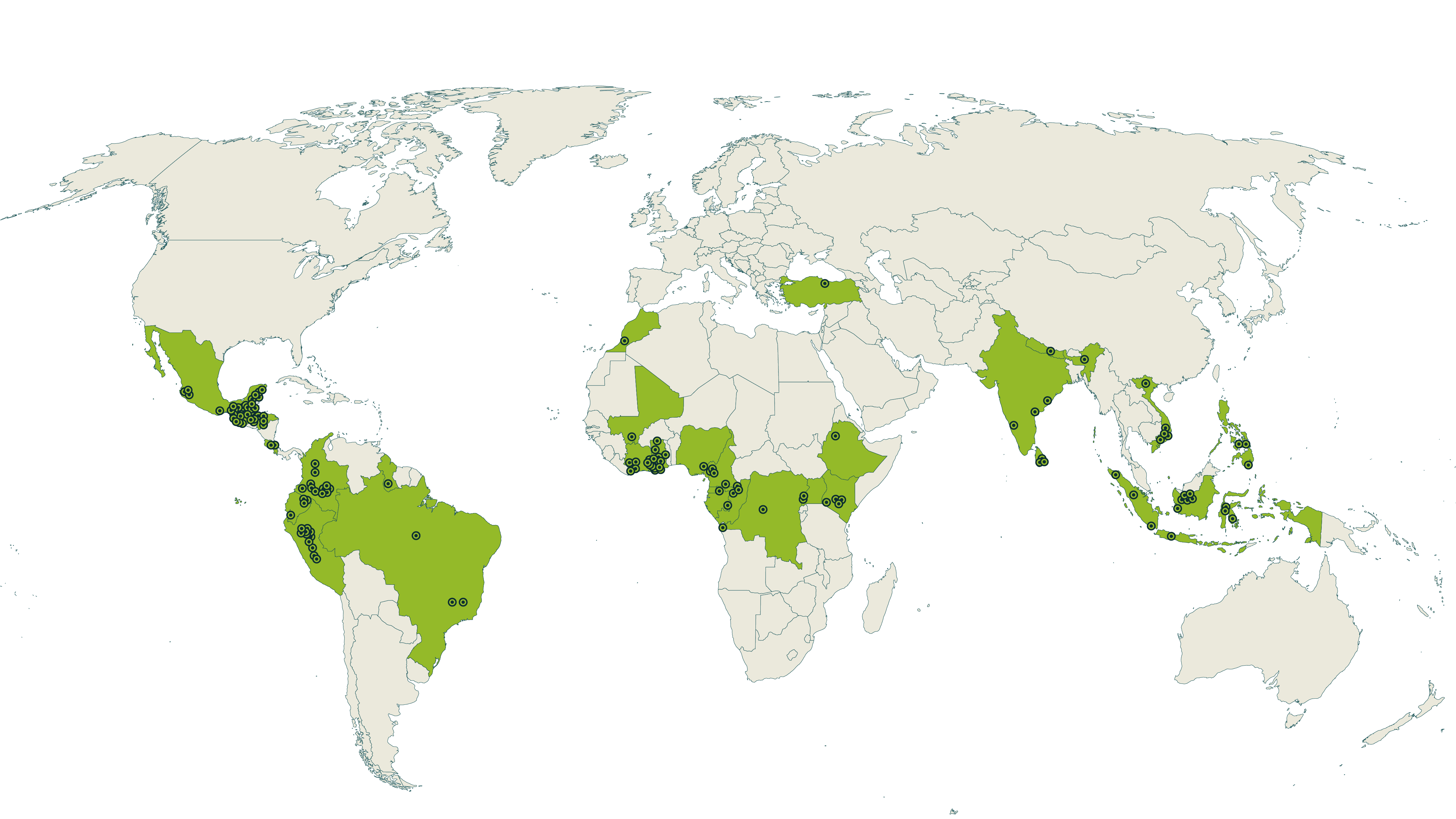 Map of current Rainforest Alliance certified landscape projects farms
